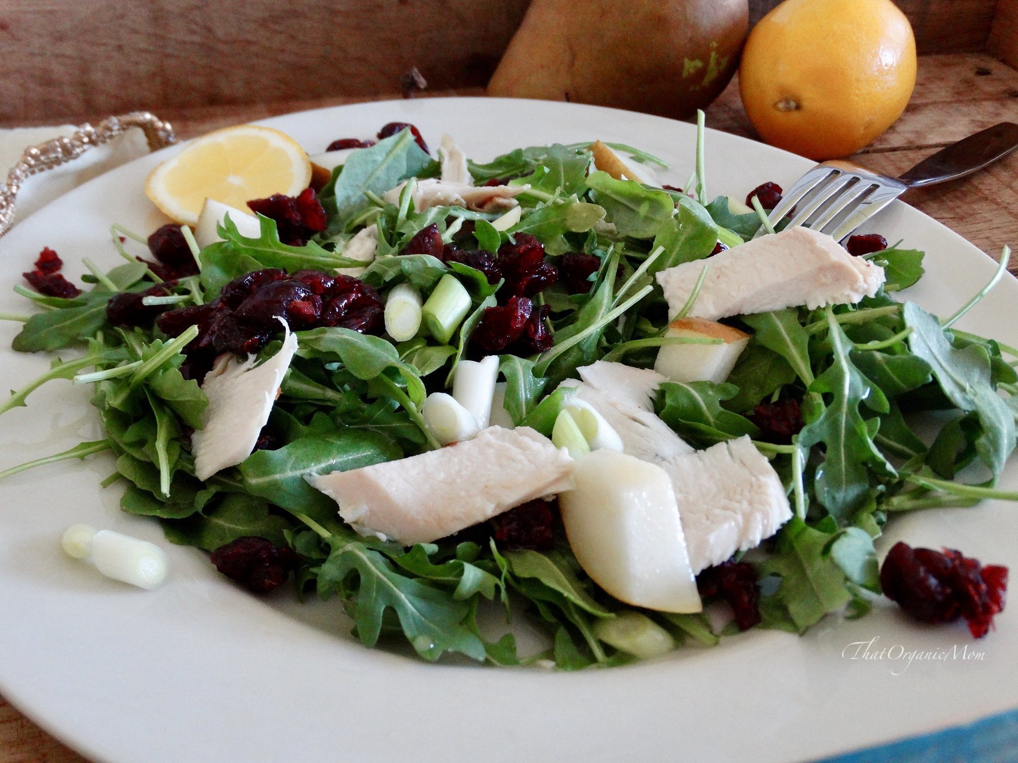 Chicken and Pear Arugula Salad with Meyer Lemon Vinaigrette