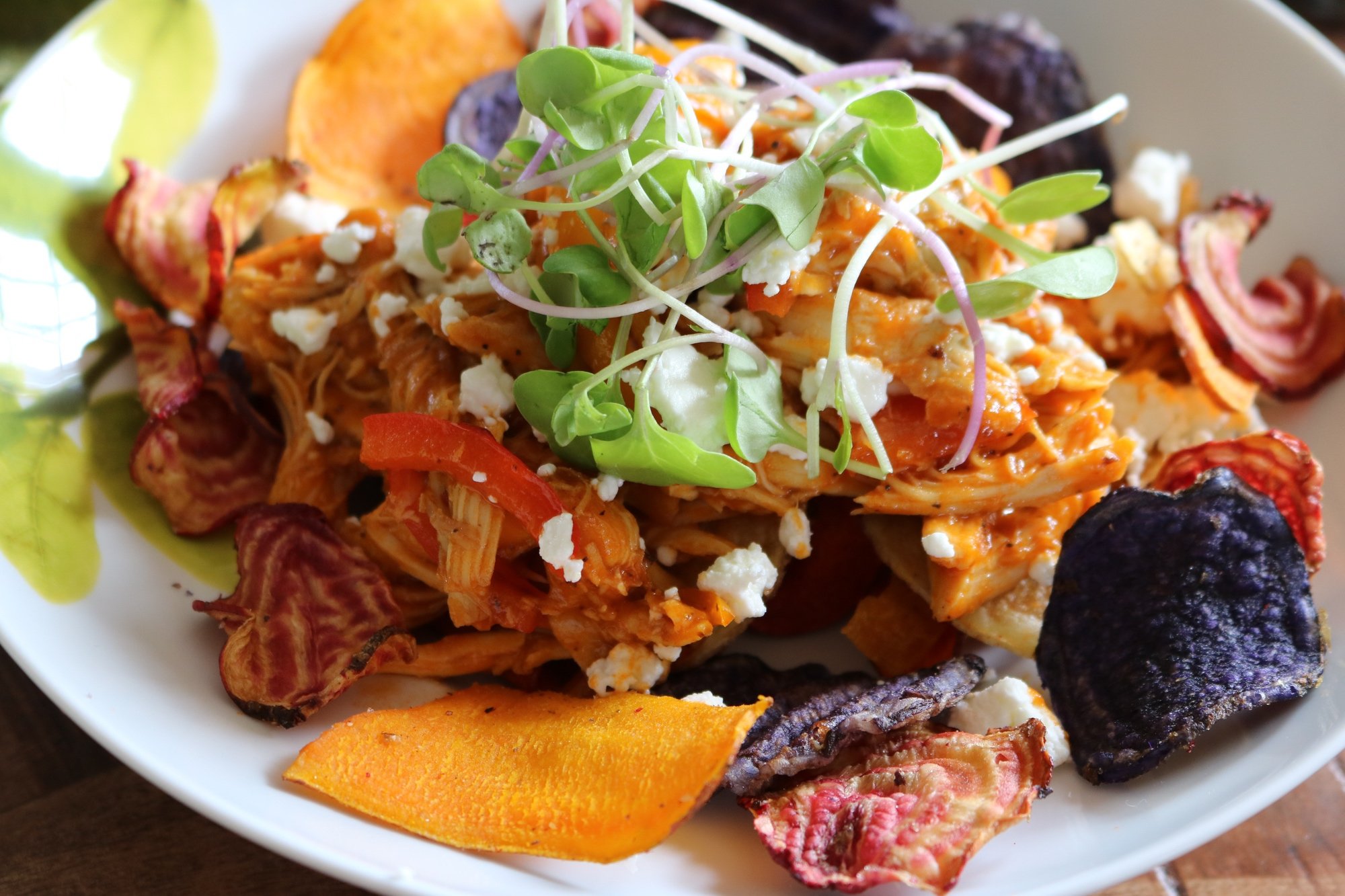 Easy BBQ Chicken Nachos with Root Vegetable Chips