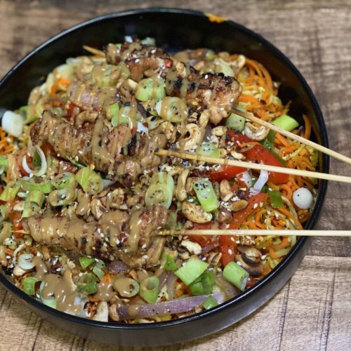 Organic Chinese Chicken Salad with Zoodles and Creamy Miso Sesame Dressing