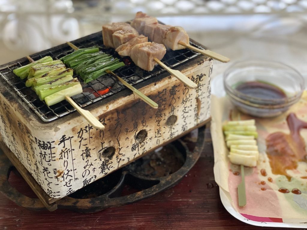 Yakitori Grill at Home for the Beginner - Mini Yakitori Grill with food on Bamboo Skewer