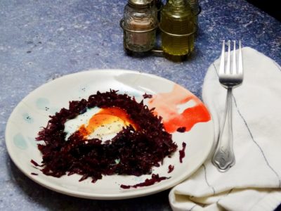 Skillet Baked Eggs Nested in Hashed Purple Sweet Potatoes 2