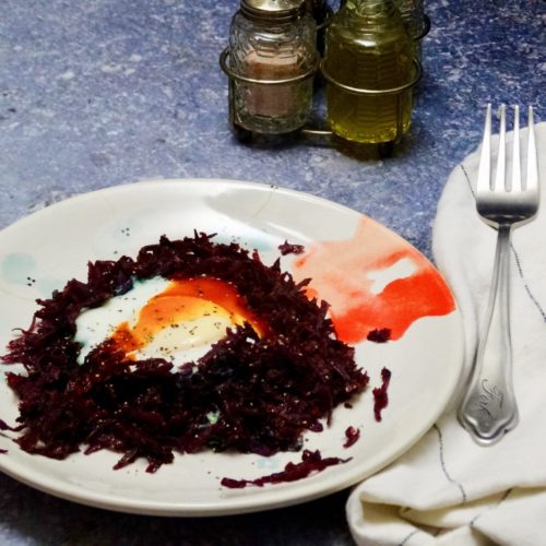 Skillet Baked Eggs Nested in Hashed Purple Sweet Potatoes 2