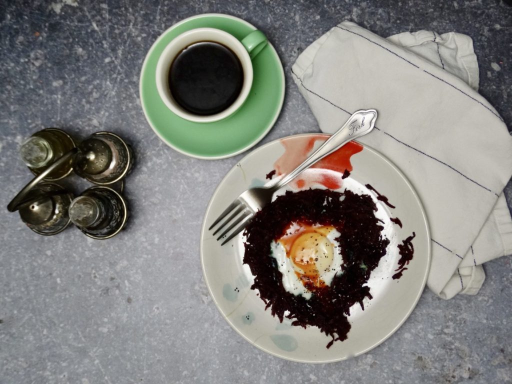 Skillet Baked Eggs Nested in Hashed Purple Sweet Potatoes 3