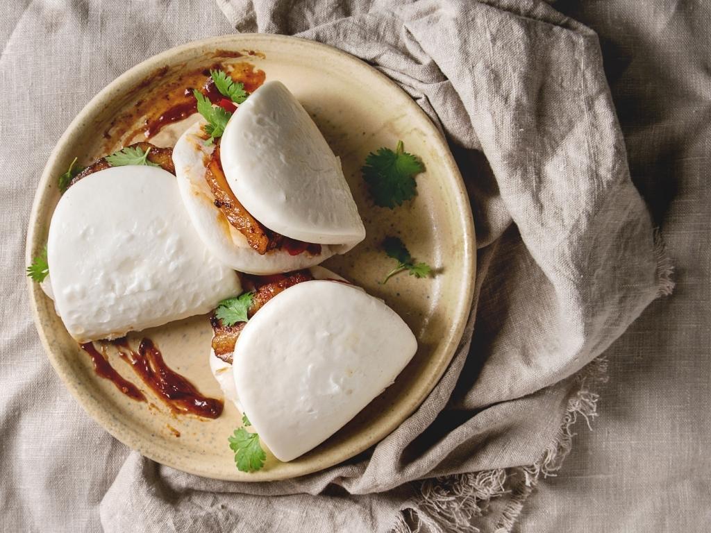 bao buns with pork belly in steamer