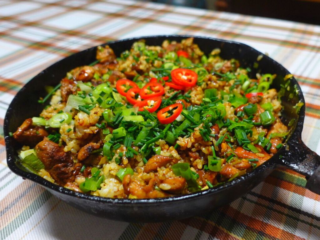 Garlic Fried Rice and Chicken in Skillet