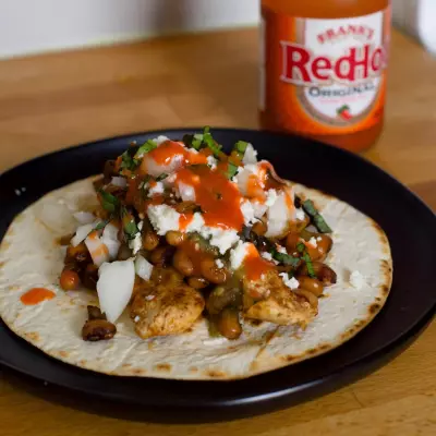 Smoky Chicken Tostados with Black Eyed Peas and Chile-Lime Salsa